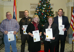 Wednesday morning saw county clerk, Mike Buehler, not pictured, administer the oath of office to five newly elected county officials whose term of service begins Jan. 1. Holding their certification of election from the Missouri Secretary of State’s office are (from left): Everett Wolfe, southern district commissioner; Jason Mosher, sheriff; Cindy Thompson, northern district commissioner; Tammy Bond, public administrator; and David Ferry, county coroner. Brent Banes, newly elected county treaurer/collector does not begin his term until April 1 and so his swearing in will be done in late March. The county assessor’s term begins on Sept. 1 and so Cherie Roberts will take her oath in late August.  Associate circuit judge, Neal Quitno, admiinstered the oath of office to incoming circuit judge, David Munton, on Dec. 14.